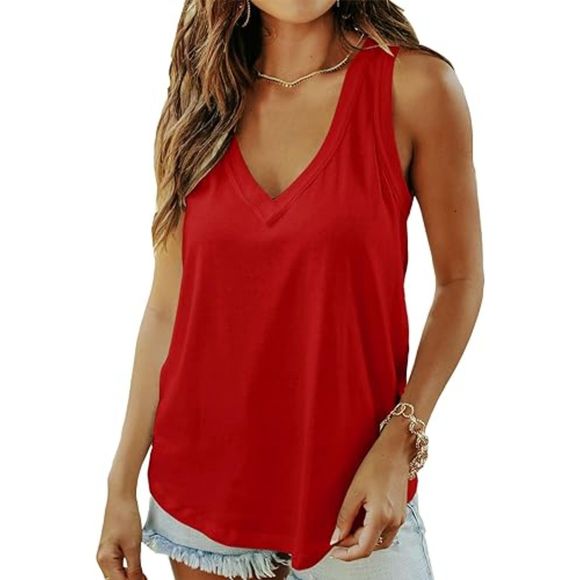 Women Summer Deep V Neck Red Tank Top Loose Fit Flowy Shirt - Picture 1 of 2